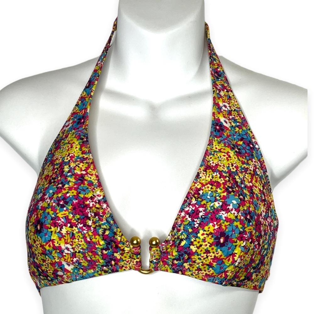 ABS Allen Schwartz Triangle String Bikini Top Floral Matte Gold Detail‎